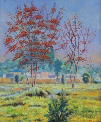 Ghulam Mustafa, Landscape With Red Tree, 24 x 30 Inch, Oil on Canvas, Landscape Painting, AC-GLM-030